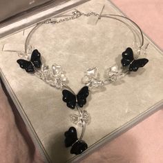 Brand New In Perfect Condition Sterling Silver 7white And 4 Black Butterfly Necklace Black Butterfly Necklace, Lalique Jewelry, Turquoise Heart Necklace, Clear Crystal Necklace, Turquoise Heart, Black Butterfly, Modern Necklaces, Butterfly Necklace, Opal Crystal