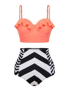 Orange 1940s Stripe Ruffles Strap Swimsuit – Retro Stage - Chic Vintage Dresses and Accessories Fringe Flapper Dress, Vintage Bathing Suits, Cute Nike Outfits, Bathing Suits One Piece, Orange Swimsuit, Swimsuit With Shorts, Swimwear Tankini