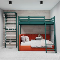 a bunk bed with an orange couch underneath it