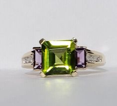 14K Yellow Gold Peridot, Amethyst, and Diamond Ring Size 8.75  | eBay Multicolor Amethyst Rings With Accent Stones, Formal Green Amethyst Ring With Gemstone Accents, Green Amethyst Ring For Formal Occasions, Formal Green Amethyst Ring With Accent Stones, Green Amethyst Ring With Center Stone And Round Shape, Green Amethyst Rings In Fine Jewelry Style, Green Amethyst Ring Fine Jewelry, Green Multi-stone Gemstones In Fine Jewelry Style, Green Multi-stone Gemstones Fine Jewelry