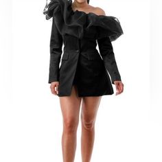 Black Ruffles Elegant Black Cocktail Outerwear, Chic Long Sleeve Party Blazer, Chic Long Sleeve Blazer For Parties, Elegant Black Party Outerwear, Chic Party Winter Outerwear, Chic Party Outerwear For Winter, Chic Winter Party Outerwear, Black Fall Party Blazer, Black Long Sleeve Blazer For Party