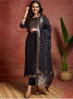 * Ethnic Motifs Yoke Design Pure Silk Straight Kurta With Trousers & Dupatta Pakistani Salwar Kameez / Indian Wedding Dress / Plus Size Cotton Dress Traditional Indian Wear / Salwar Kameez Dupatta / Kurti Palazzo Set / Hand Embroidery kurta * Navy blue woven design Kurta with Trousers with dupatta * Kurta design:- * Ethnic motifs woven design * Straight shape * Regular style * Round neck, three-quarter regular sleeves * 2 pockets zari detail * Calf length with straight hem * Pure silk fabric * T Fitted Black Anarkali Set For Celebration, Black Anarkali Salwar Kameez In Art Silk, Black Semi-stitched Art Silk Salwar Kameez, Semi-stitched Black Art Silk Salwar Kameez, Black Anarkali Set For Celebration, Black Festive Sharara For Celebration, Festive Black Sharara For Celebration, Unstitched Black Art Silk Salwar Kameez, Black Art Silk Salwar Kameez With Zari Work