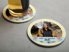 two personalized birthday coasters with a photo on them