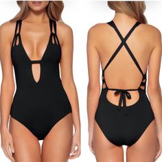 Hit The Beach In Style This Summer Season With This One-Piece Swimsuit. Plunge Neckline Tie Back Closure Lined 83% Nylon, 17% Spandex Hand Wash, Line Dry Imported Model Stats: 5'11" Height; 32" Bust; 25" Waist; 35" Hips. Model Is Wearing Size S. Size S New With Out The Tag Strappy Bodysuit For Vacation Beachwear, Beachwear Bodysuit With Straps For Vacation, Strap Bodysuit For Beachwear Vacation, Black Bodysuit With Adjustable Straps For Vacation, Black Strappy Summer Swimwear, Beachwear Bodysuit With Straps For Beach Season, Black Strappy Beachwear Bodysuit, Black Strappy Bodysuit For Beachwear, Black Strappy Swimwear For Beach Party