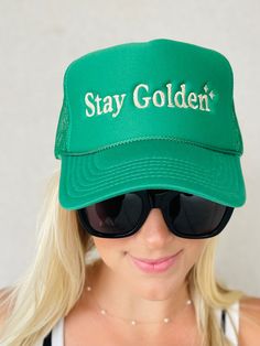 Green embroidered cap, perfect hat to wear to the lake, beach or just to stay fashionable. Foam green and gold *Made in-house* Casual Green Baseball Cap For Beach, Trendy Gold Baseball Cap With Curved Brim, Trendy Gold Cap, Trendy Green Sun Hat With Curved Brim, Summer Gold Trucker Hat, Gold Baseball Cap For Summer, Adjustable Gold Baseball Cap For Summer, Casual Green Trucker Hat For Vacation, Trendy Gold Snapback Hat