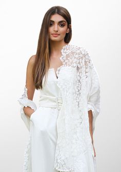 Crafted from a very comfortable and light blend of linen and modal, this wispy ivory scarf is emboldened with a substantial tonal ivory leaf patterned lace giving it a distinctive yet utterly feminine look. A gorgeous accessory to any day time wear. Luxury Embroidered Cream Shawl, Elegant Lace Work Dupatta For Spring, Elegant Lace Dupatta, Elegant White Shawl For Spring, Elegant White Lace Dupatta, Day Time, Lace Border, Day And Time, Credit Card Debit