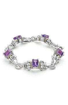 Emerald-cut amethyst add a splash of color to this five-link bracelet made of shiny sterling silver and secured by a spring-ring clasp. Caviar beading in 18-karat gold and bubbly fluting frame the stunning prong-set stones of this ornate and elegant piece. Sterling silver/18k gold/amethyst Imported Elegant Sterling Silver Amethyst Gemstone Bracelet, Elegant Sterling Silver Amethyst Bracelet, Elegant Amethyst Jewelry With Sterling Silver Clasp, Elegant Sterling Silver Amethyst Bracelet For Formal Occasions, Elegant Purple Sterling Silver Jubilee Bracelet, Elegant Purple Sterling Silver Bracelet For Formal Occasions, Elegant Formal Purple Sterling Silver Bracelet, Luxury Purple Sterling Silver Bracelets, Elegant Purple Amethyst Sterling Silver Bracelet