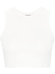 white knitted construction fine knit crew neck sleeveless cropped straight hem White Ribbed Crew Neck Tank Top, White Seamless Crew Neck Tank Top, White Fitted Sleeveless Crop Top, White Fitted Crop Top With Cropped Hem, Fitted White Cropped Top, White Fitted Top With Cropped Hem, Fitted White Top With Cropped Hem, White Cropped Hem Top For Summer, Basic White Cropped Tank Top