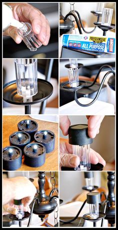 the process for making an old fashioned coffee maker is shown in four different pictures, including one