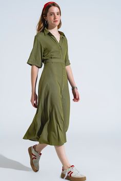 Length: Maxi length. Subcategory: Dress. Neck: Polo collar. Sleeves: Short Sleeves. Fit: Relaxed fit. Style: Boho. Detail: Belt of same fabric included. Fabric: Lightweight woven fabric . Zipper: Button placket. runs true to size. S. 70% Viscose 27% Polyester 3% Elastane Green Shirt Dress, Maxi Shirts, Green Maxi, Skirt Jumpsuit, Maxi Shirt Dress, Weekend Brunch, Knitwear Tops, Green Shirt, Estilo Boho