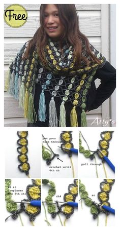 crocheted scarf with tassels and buttons in green, yellow and black