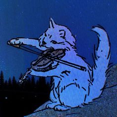 a cartoon cat playing the violin in front of a blue sky with stars and trees