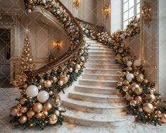 a staircase decorated with christmas ornaments and garland