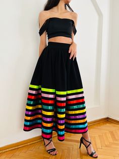 This stylish handmade skirt with colored stripes, suitable for any occasion, can be ordered in any color and size you want, has a hidden zipper and no lining. The length of this skirt can be as you wish and its size can be ordered from children to adults. Just give me the size of the waist and the length of the skirt. You can add the top you see in the picture to your order, which has a separate cost. processing time and shipping preparation and pack your order it can take me 3_5 days . please make sure the your address is up to date and accurate .  If you would like express shipping please add the upgrade during check out .  NO RETURN S OR EXCHANGES  unless I have made mistake with the size or if the costume is not same as pictured , please check carefully all measurement before making a Striped Long Flowy Skirt, Cotton Long Skirt For Party, Striped Flowy Long Skirt, Multicolor Maxi Length Skirt For Party, Multicolor Flared Maxi Skirt For Party, Multicolor Full Maxi Skirt, Bohemian Multicolor Maxi Skirt For Party, Bohemian Multicolor Skirt For Fiesta, Bohemian Midi Skirt For Party