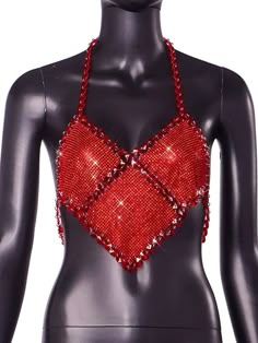 Red rhinestone embellished top. Fitted Bling Tops For Night Out, Red Embellished Fitted Tops, Glamorous Red Sequin Top, Crystal Embellished Tops For Night Out In Summer, Glamorous Red Top For Party, Glamorous Fitted Tops With Rhinestone Fringe, Glamorous Red Summer Top, Shrek Rave, Insane Fashion