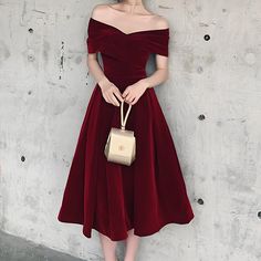 Red Off Shoulder Midi Dress (Elegant) Off Shoulder Midi Dress, Classy Wear, Velvet Evening Dress, Casual Midi Dress, Midi Dress Elegant, Color Rush, Feminine Women, Elegant Ladies, Puff Long Sleeves