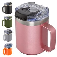 thermos mug with lid and handle is shown in various colors, including pink