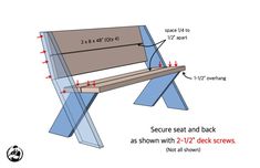 a bench with measurements for the seat and back, as shown by 2 / 12 deck screws