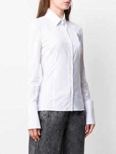 Shop white Patrizia Pepe classic button-up shirt with Express Delivery - Farfetch Designer Fitted Button-up Shirt, Designer Long Sleeve Office Shirt, Designer Long Sleeve Shirt For Office, Designer Fitted Shirt With Button Cuffs, Designer Fitted Dress Shirt For Work, Designer Fitted Shirt For Workwear, Designer Long Sleeve Dress Shirt For Work, Designer Button-up Shirt For Office, Designer White Shirt With Button Cuffs