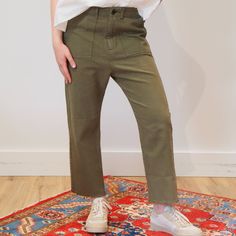 The Frayed Ranger Pant. Is A Refined Take On Classic Utility Styles. It Has A Vintage, Tomboy Feel And Is Intended To Sit Low On The Hips With A Slightly Cropped Length. Its Classic Army Details And Frayed Hem Make These Pants Feel Authentic. It Has Those All Important Side Pockets And Two On The Back With Flap And Button Detailing. Made From 100% Cotton. Machine Wash Cold, Tumble Dry Low Khaki Bottoms With Patch Pockets For Fall, Trendy Khaki Cotton Bottoms, Khaki High-waisted Pants For Fall, Trendy Fall Bottoms With Patch Pockets, Fall Khaki High-waisted Pants, Trendy High-waisted Khaki Pants, Khaki Straight Leg Bottoms With Patch Pockets, Khaki Relaxed Fit Bottoms For Fall, Fall Khaki Relaxed Fit Bottoms