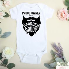 "This \"Proud Owner Of A Bearded Daddy\" funny onesie® can be used as a pregnancy announcement, coming home outfit, or baby shower gift. Design Process: Each design is created using a quality heat transfer vinyl. First the bodysuit is pressed and then the vinyl design is added. Sizing: This bodysuit will fit a baby that is a newborn to 3 months old. (It fits a baby that is 8-12 lbs.) Care Instructions: For best results, wash inside out and on a gentle cycle in cold water. Do not use bleach or us Father’s Day Baby Announcements, Cotton Onesie For Father's Day, Customizable Cotton Onesie For Father's Day, Pregnancy Announcement On Father's Day, Cheap Funny Bodysuit For Pregnancy Announcement, Funny Baby Boy, Funny Onesies, Baby Boy Onesies, Coming Home Outfit