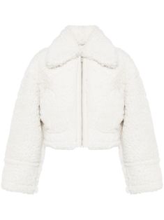 off-white shearling straight-point collar front zip fastening drop shoulder long sleeves two side pouch pockets straight hem shearling lining White Shearling Outerwear With Faux Fur Trim, White Shearling Long Sleeve Outerwear, Cropped White Winter Outerwear, White Cropped Outerwear For Winter, White Cropped Jacket For Winter, White Aviator Jacket, Jacket Drawing, Aviator Jacket, Aviator Jackets