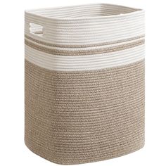 the large round storage basket is beige and white