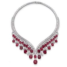 METAL SPECIFICATIONS Metal Name: White Gold 14K STONE SPECIFICATIONS Stone Name: RUBY/DIAMOND Stone Cut : Cushion, Baguette, and Round cut Stone Specifications: There are total rubies approx. 39.00 carats & approx. 20.00 carats of smaller round diamonds on the side. Natural earth mined stones. Total Stone Weight : approx. 59.00 carats Color : Red/G Clarity : AAA/SI NECKLACE SPECIFICATIONS Length : 16” (Can change length, please indicate about change with payment) Appraised Value : $126500.00 Harry Winston Jewelry, Ruby Diamond Necklace, Ruby And Diamond Necklace, Harry Winston, Ruby Necklace, Ruby Jewelry, Van Cleef, Diamond Pendant Necklace, Gorgeous Jewelry