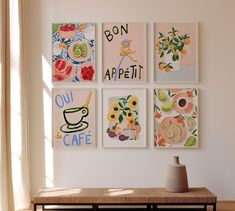 four paintings on the wall above a bench in front of a window with sunlight coming through