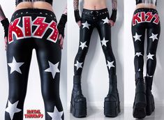 Rock Star Outfit Women, Patent Leather Leggings Outfit, Casual Leggings Outfit, Studded Pants, Rock Costume, Kiss Costume, Kiss Logo, Studded Leggings, Patent Leather Leggings