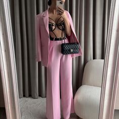 New Collection Sold Out In Zara Elegant Pink Long Pants Set, Elegant Pink Sets With Long Pants, Elegant High Waist Spring Sets, Formal Spring Sets With Long Pants, Spring Formal Sets With Long Pants, Elegant Pink Wide Leg Pants For Night Out, Elegant High Waist Pink Pantsuit, Chic High Waist Office Set, Pink Office Sets For Summer