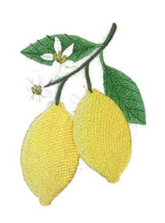 two lemons on a branch with leaves and flowers embroidered onto the back of it