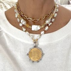 Pearl Necklace Stack, Neck Stack, French Coins, Pearl Necklace Choker, Inexpensive Jewelry, Pearl Necklace Designs, Coin Pendant Necklace, Lady Liberty, Gold Coin