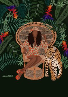 a woman sitting in a wicker chair next to a cheetah and plants