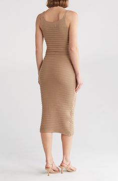 Stroll through sunny days in this sleeveless sweater-dress knit with soft, textural stitches in a body-skimming silhouette. 44 1/2" length Slips on over head Scoop neck 100% cotton Hand wash, dry flat Imported Ribbed Fitted Sleeveless Dress, Knee-length, Fitted Ribbed Sleeveless Knee-length Dress, Fitted Ribbed Sleeveless Midi Dress, Fitted Sleeveless Knit Midi Dress, Elegant Knit Sleeveless Dress For Spring, Spring Knit Midi Bodycon Dress, Chic Sleeveless Ribbed Stretch Dress, Fitted Knit Sleeveless Dress For Summer, Chic Fitted Knit Sleeveless Dress