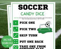 a soccer candy dice sign on the sidelines with instructions for how to use it