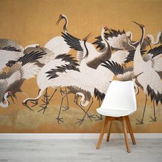 Crane Birds Wallpaper In Room With White Chair Rust Wall, Metal Wallpaper, Swan Wallpaper, Tapete Gold, Rustic Backdrop, Japanese Crane, Door Murals, Crane Bird, Seamless Paper