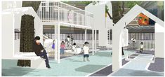 an artist's rendering of a children's play area with trees and people