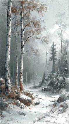 a painting of snow covered trees and rocks