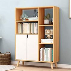 a bookshelf with two doors and three shelves on each side in a living room