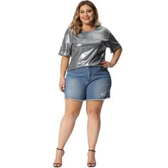 Get ready to shine and make a statement at festivals and concert carnivals with these Metallic Holographic Shimmer Tops. Designed to catch the light and turn heads, these tops are perfect for creating trendy and eye-catching festival outfits that will make you stand out from the crowd. The short sleeves of these tops not only provide a comfortable and breathable option for outdoor events but also showcase your style. Stay cool and comfortable while looking effortlessly stylish. Versatility is a Metallic Club Tops For Summer, Metallic Tops For Club In Summer, Metallic Tops For Summer Clubbing, Metallic Tops For Club Summer Wear, Metallic Tops For Summer Party, Fitted Metallic Summer Tops, Metallic Summer Party Tops, Fitted Metallic Tops For Summer, Trendy Metallic Tops For Party Season