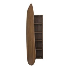 a wooden bookcase with a surfboard on the front and bottom shelf, against a white background