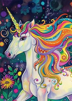 a painting of a unicorn with colorful hair