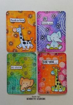 four cards with different animals on them and the words peek - booo, little one, giraffe, for you