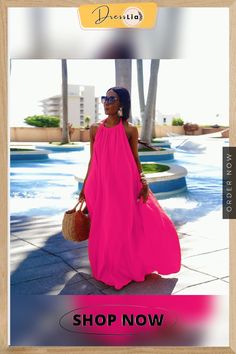 Solid Sleeveless Halter Backless Loose Maxi Dresses Beachwear Sleeveless Halter Dress For Party, Pink Sleeveless Maxi Dress Beach Cover-up, Sleeveless Beachwear Sundress For Party, Beachwear Sleeveless Sundress For Party, Sleeveless Sundress For Summer Parties, Chic Pink Sleeveless Beach Dress, Pink Halter Neck Maxi Dress For Summer, Chic Pink Maxi Dress For Beach Party, Pink Sleeveless Maxi Dress For Beach Party