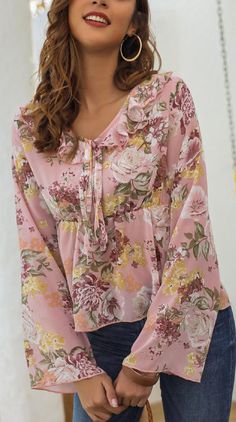 Long Sleeve Floral Print Blouse For Summer, Casual Long Sleeve Floral Print Blouse, Pink Long Sleeve Feminine Top, Pink Long Sleeve Blouse For Fall, Feminine Pink Long Sleeve Top, Long Sleeve Pink Blouse For Fall, Feminine Pink Blouse For Fall, Trendy Rose Print Tops For Spring, Trendy Pink Blouse For Fall