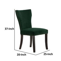 the measurements for a dining chair that is upholstered with studded trimmings