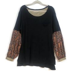 We The Free Boho Black Jersey Top Womens Sz-Med Paisley Balloon Sleeves | eBay Black Long Sleeve Top With Boho Print, Fall Paisley Print Top With Relaxed Fit, Black Cotton Top With Paisley Print, Relaxed Fit Paisley Print Top For Fall, Black Cotton Tops With Paisley Print, Black Tops With Paisley Print For Spring, Black Paisley Print Tops For Spring, Black Bohemian Tops With Paisley Print, Black Jersey