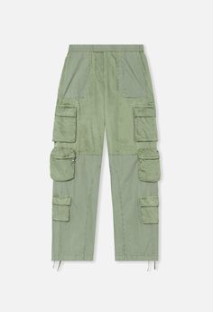 Mid rise, oversized cupro-paneled pant with 3D cargo pockets. Elasticated waist. Adjustable ties at bottom cuffs for styling versatility. Back flap patch pockets. Front slash 3D patch pockets. Various cargo pockets throughout. Garment dyed. Self: 100% Cotton. Contrast: 100% Curpro. Green Parachute Workwear Pants With Multiple Pockets, Green Parachute Work Pants With Multiple Pockets, Green Parachute Pants With Multiple Pockets For Work, Green Parachute Workwear Pants With Patch Pockets, Green Parachute Pants With Patch Pockets For Work, Spring Utility Parachute Pants With Flap Pockets, Green Parachute Pants With Multiple Pockets And Tapered Leg, Parachute Cargo, Chukka Sneakers