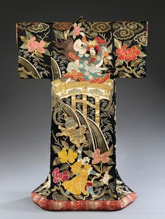 Outer kimono (uchikake), satin silk with appliqué and embroidery, 1870–90. Scenes from two well-known plays feature. The garment may have been worn by a Kabuki actor, but... Etro Dresses, Embroidery Kimono, Satin Embroidery, Kimono Japan, Mode Kimono, Kimono Design, Stone Bridge, Beautiful Kimonos